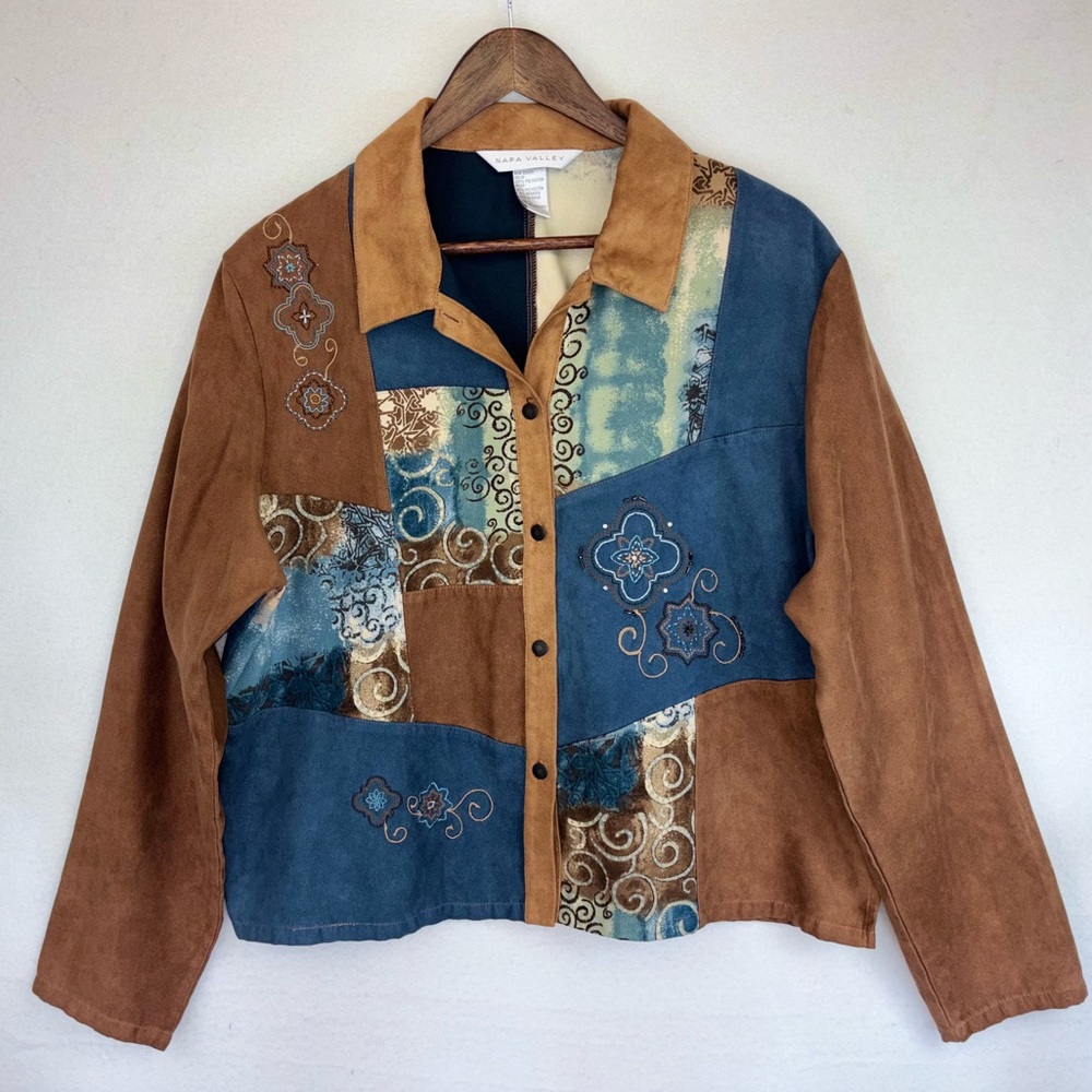 VINTAGE Faux Suede Patchwork Top Embroidered‎ Boho Blouse Button Down Large